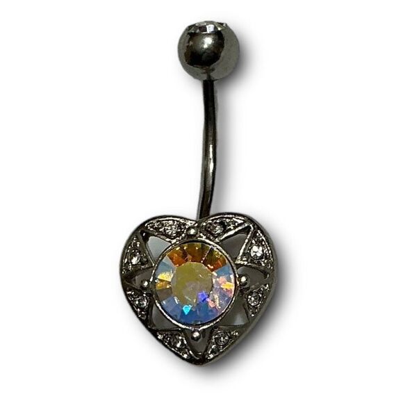 Pierced Nation Heart Shaped Aurora Borealis Cubic Zirconia CZ 14 Gauge Belly But - Picture 1 of 9
